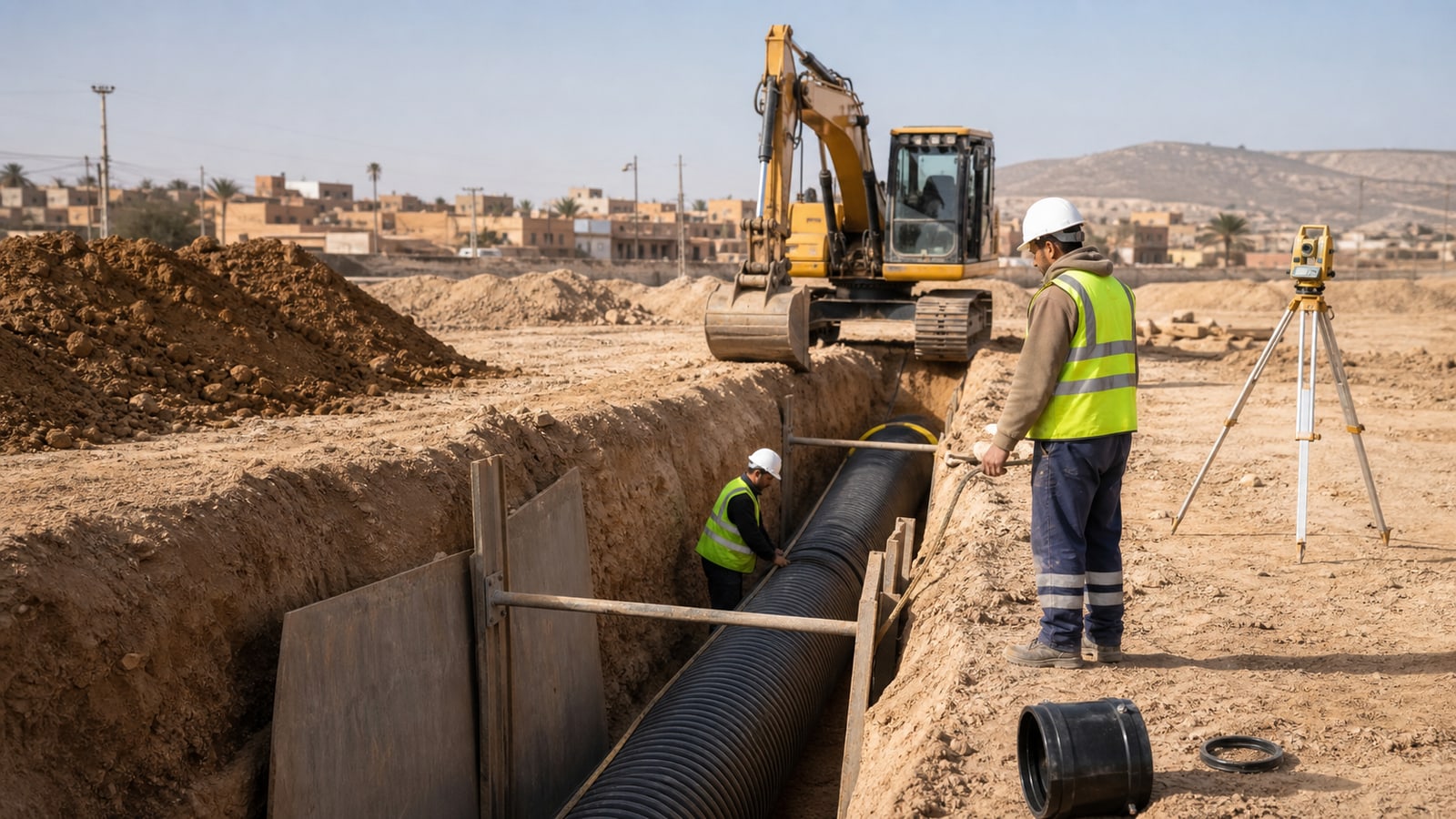 Illustration d’un chantier de réseau d’assainissement PEHD au Maroc