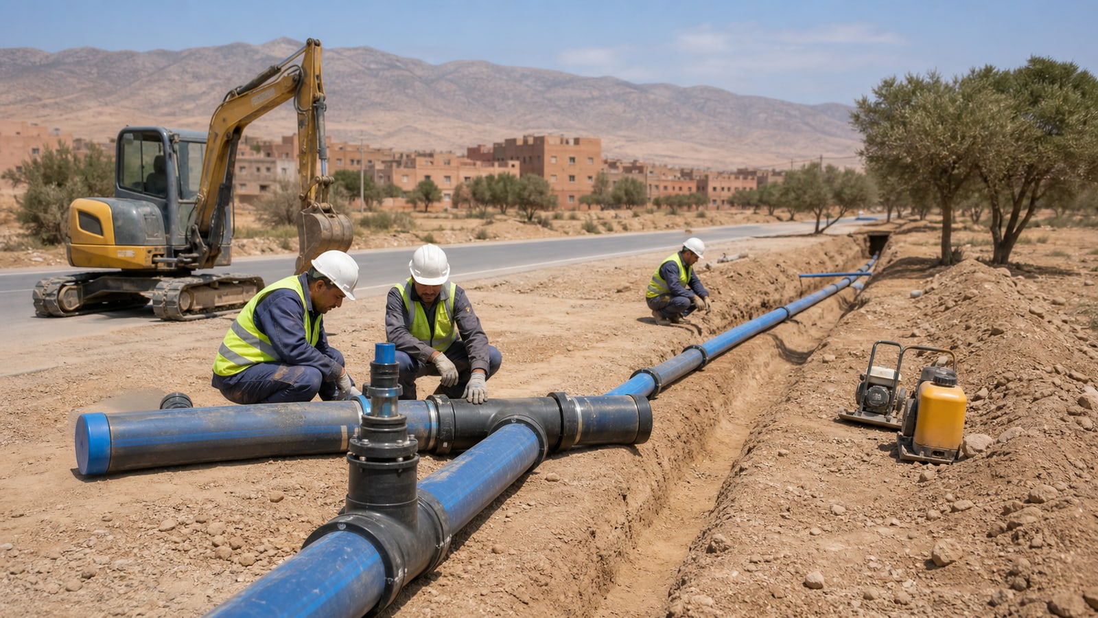 Illustration de travaux d’extension et de branchements d’eau potable au Maroc