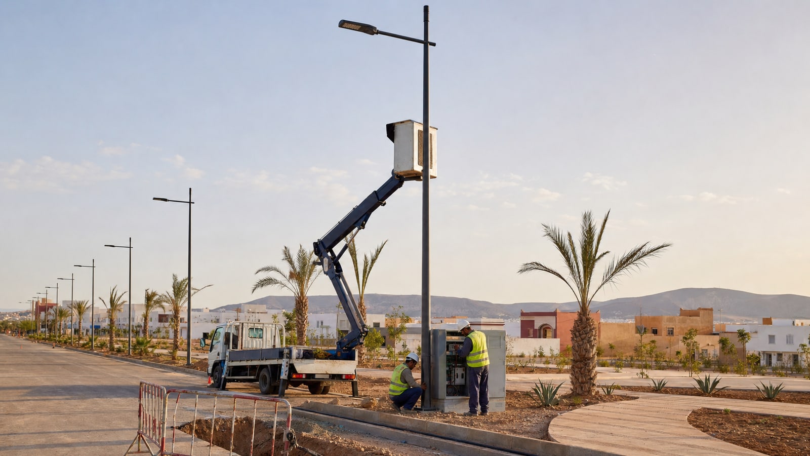 Illustration de travaux d’installation d’éclairage public au Maroc